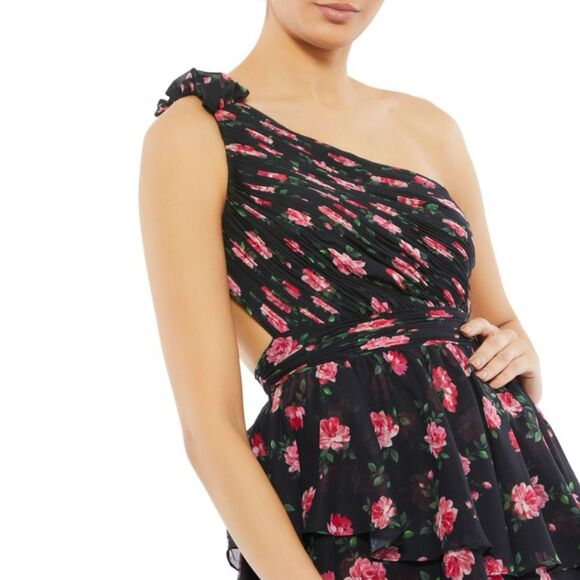 NWT Mac Duggal one-shoulder, high-low black gown with a red/pink floral print. - Picture 4 of 15
